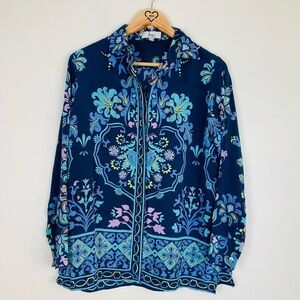 Averardo Bessi 60s print silk button front blue shirt. Size 8.